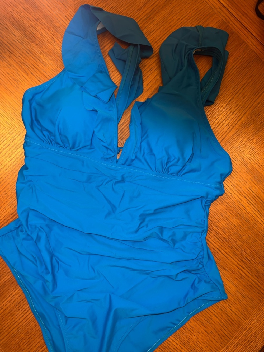 Bright Blue One-Piece Swimsuit with ruffles and Ruching B17